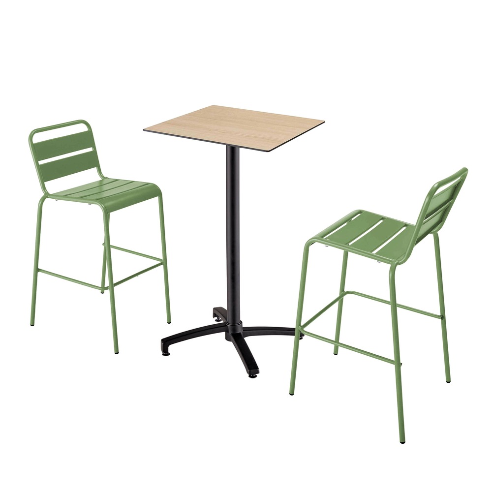 Ensemble table haute stratifié chêne et 2 chaises hautes vert cactus