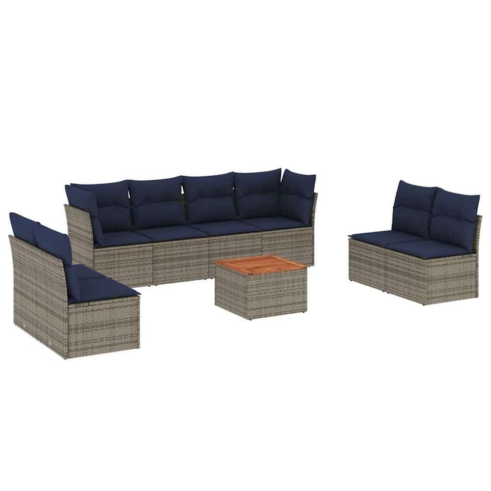 Salon de jardin 9 pcs avec coussins gris résine tressée