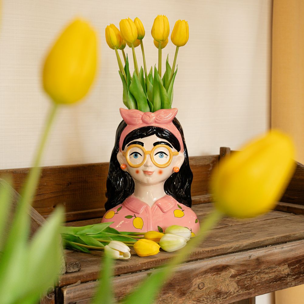 Vase lady kylie et 10 tulipes artificielles jaunes - vase h 27 cm, tulipes 42 cm