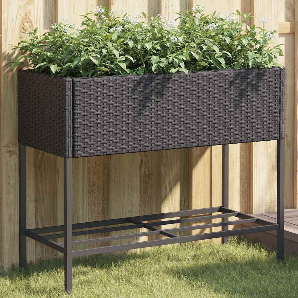 Lot de 2 jardinières sur pieds résine tressée avec étagère 90x40x75 cm noir