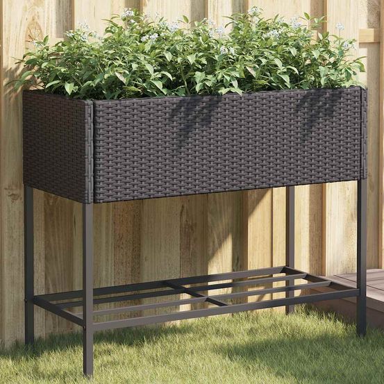 Lot de 2 jardinières sur pieds résine tressée avec étagère 90x40x75 cm noir