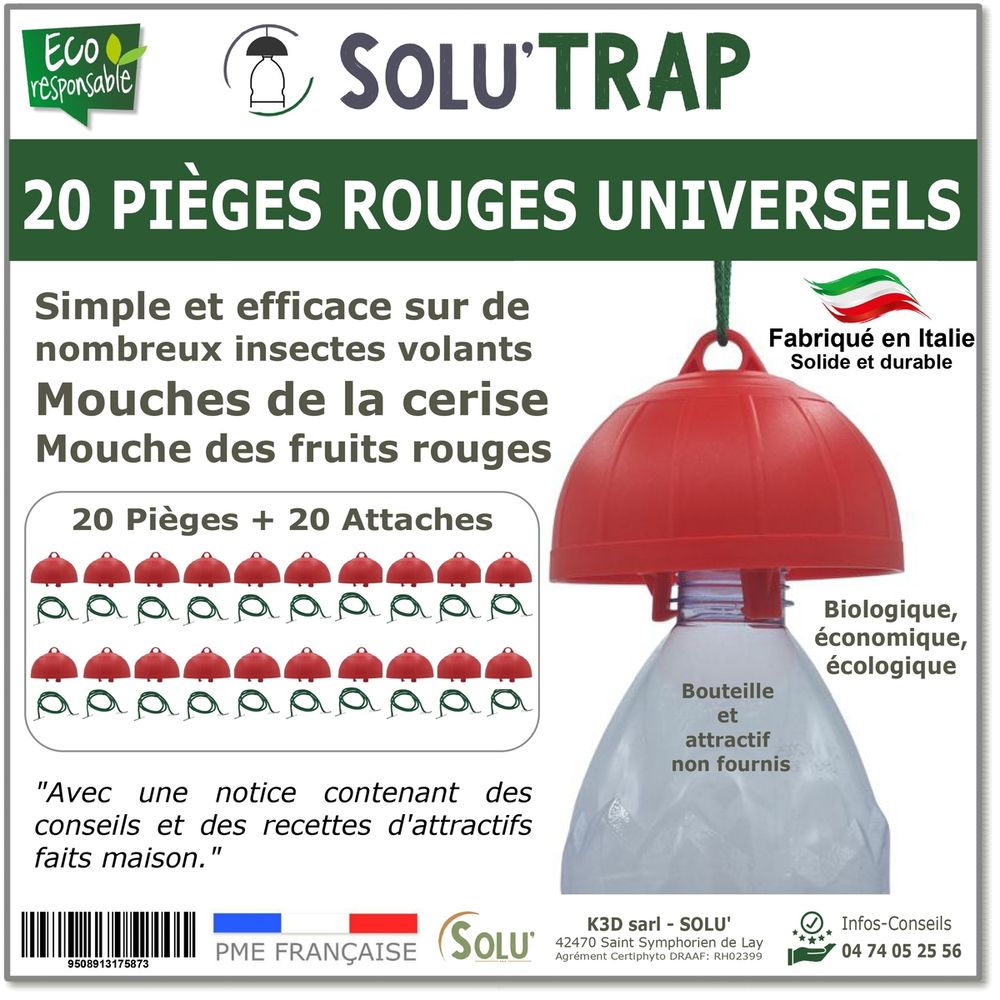 20 pieges rouges pour mouches des fruits et mouches de la cerise - pieges a suspendre - compatible bouteille plastique - solutrap