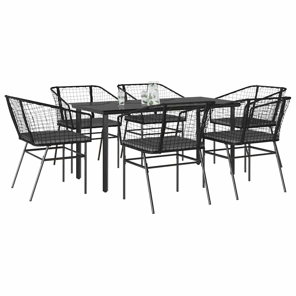 Ensemble à manger de jardin coussins 7pcs noir poly rotin verre