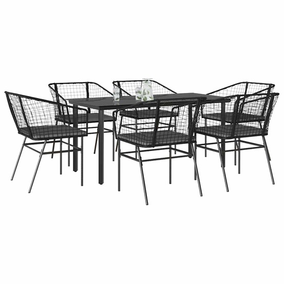 Ensemble à manger de jardin coussins 7pcs noir poly rotin verre