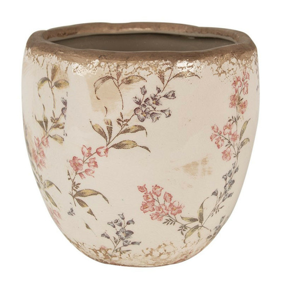 Pot de fleurs beige et rose en céramique motif fleurs 14x14 cm