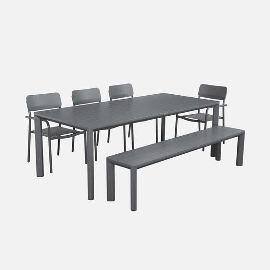 Table de jardin 1 banc et 4 fauteuils aluminium et textilène 220 x 100 x 75 cm