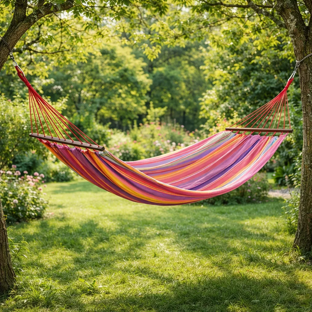 Hamac raye vert lilas 100% coton avec barre d'ecartement