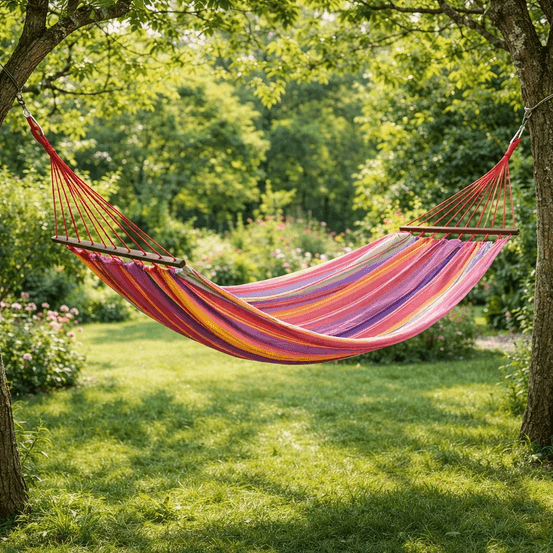 Hamac raye vert lilas 100% coton avec barre d'ecartement