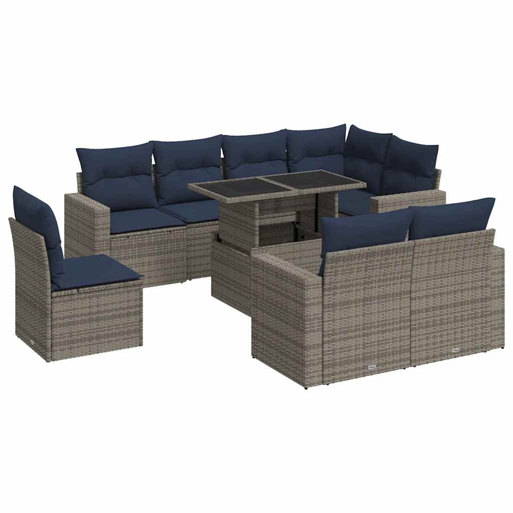 Salon de jardin avec coussins 9 pcs gris résine tressée acacia