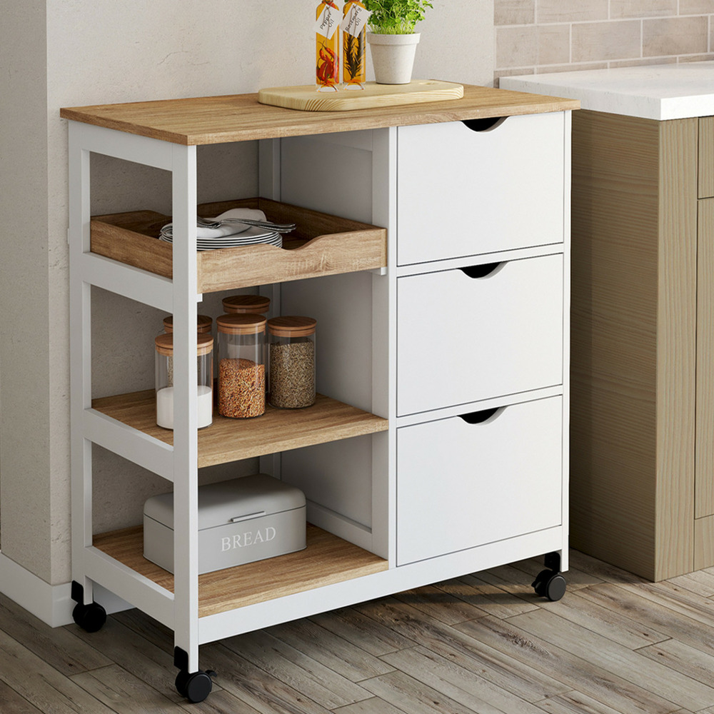 Desserte de cuisine muna 3 paniers + 1 plateau amovible blanc et effet hêtre l.76 cm