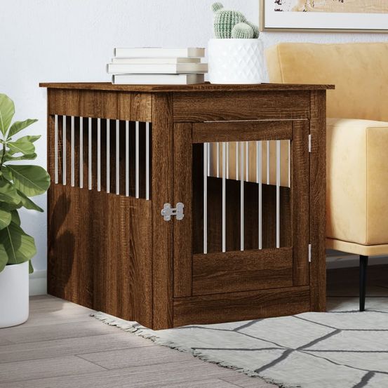 Meuble cage chien bois et acier table d'appoint chêne marron 80cm
