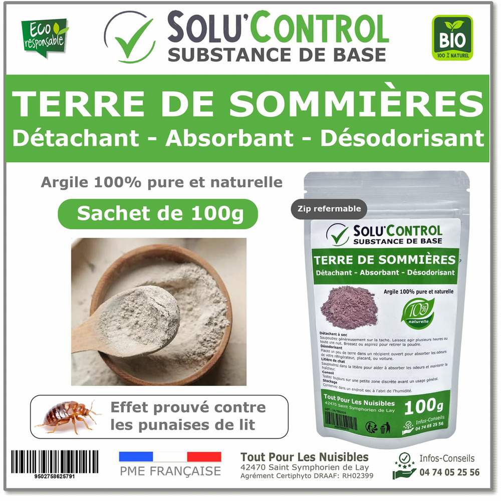 Terre de Sommières 100g - Détachant Naturel et Absorbant - Élimine les Odeurs d'Urine, Litière de Chat, Tapis, Cendriers