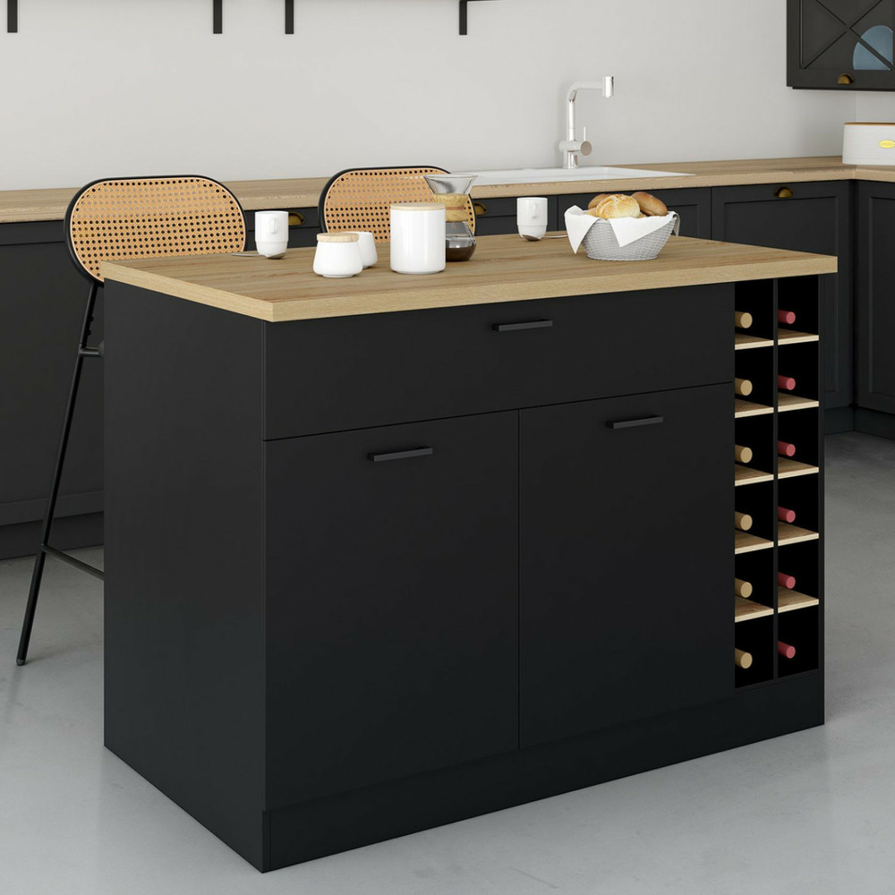 Ilot central george avec range-bouteilles placard et tiroir bois noir avec plan de travail façon hêtre