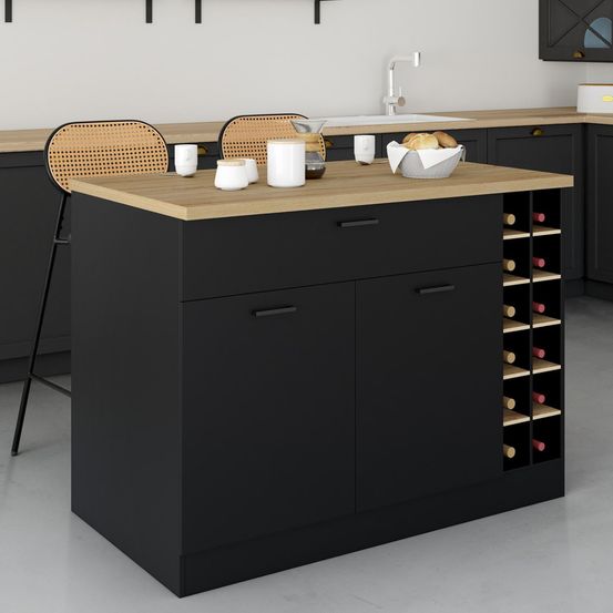Ilot central george avec range-bouteilles placard et tiroir bois noir avec plan de travail façon hêtre