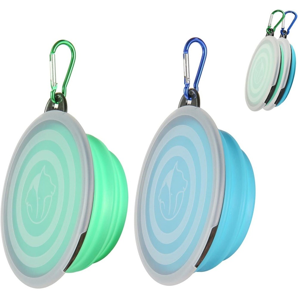 Gamelles pliables pour chiens et chats-bleu clair + vert clair - bol 350ml + boucle + couvercle