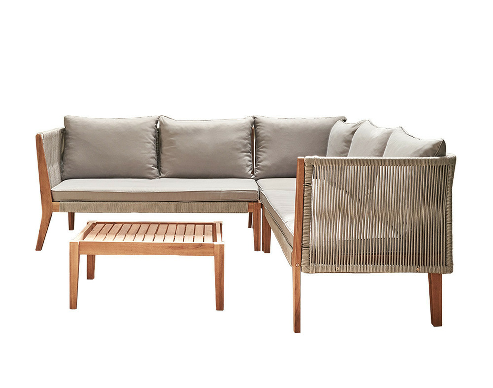 Papua - salon bas de jardin 5 places - bois, corde et coussins gris