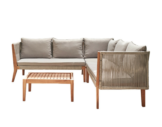 Papua - salon bas de jardin 5 places - bois, corde et coussins gris