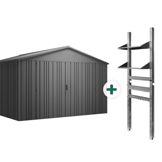 Abri de jardin extérieur pioneer y130 – étagère et supports inclus – montage autoportant – 356x350x225cm – 12,46m²