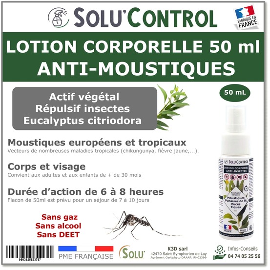 Solu'control lotion répulsive moustiques 50 ml - protection 6-8h - sans deet - corps et visage - moustique tigre
