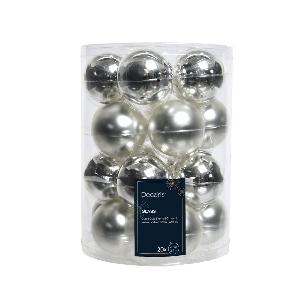 Assortiment 20 boules de Noël brillantes/mates, coloris argent - D. 6cm