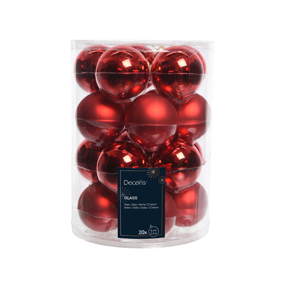 Assortiment 20 boules de Noël en verre, coloris rouge - D. 6cm