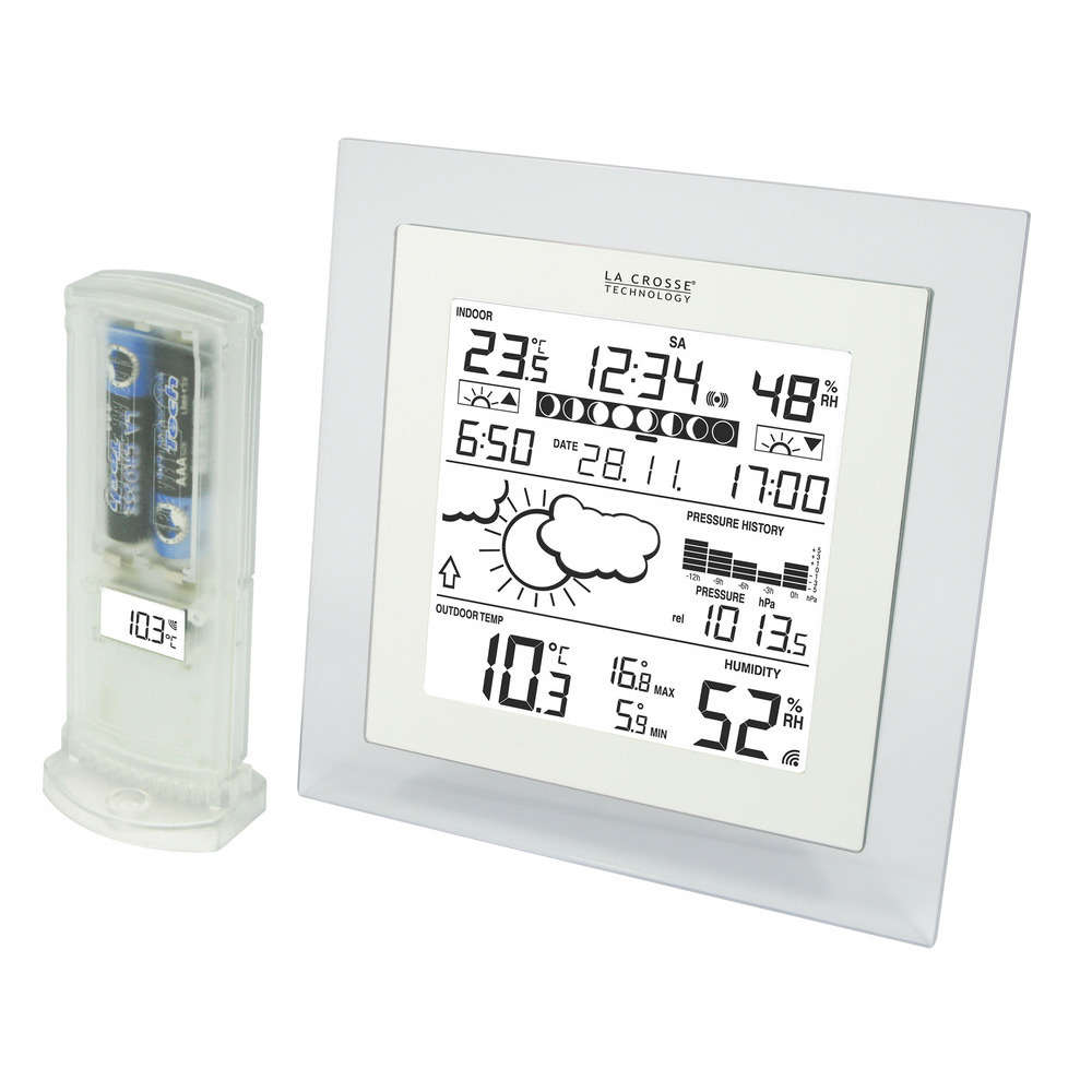 Station météo avec phases de lune, histogramme et icône météo