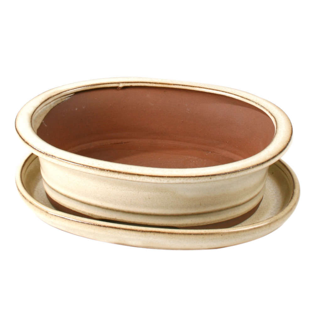 Poterie bonsaï + soucoupe, en terre cuite émaillée L. 31 x l. 24,5 cm