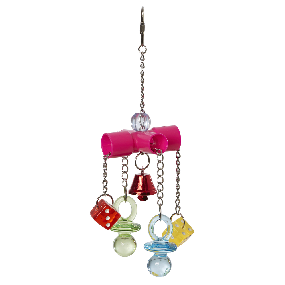 Jouet dés et tétines pour grande perruche et perroquet : Hauteur 23 cm