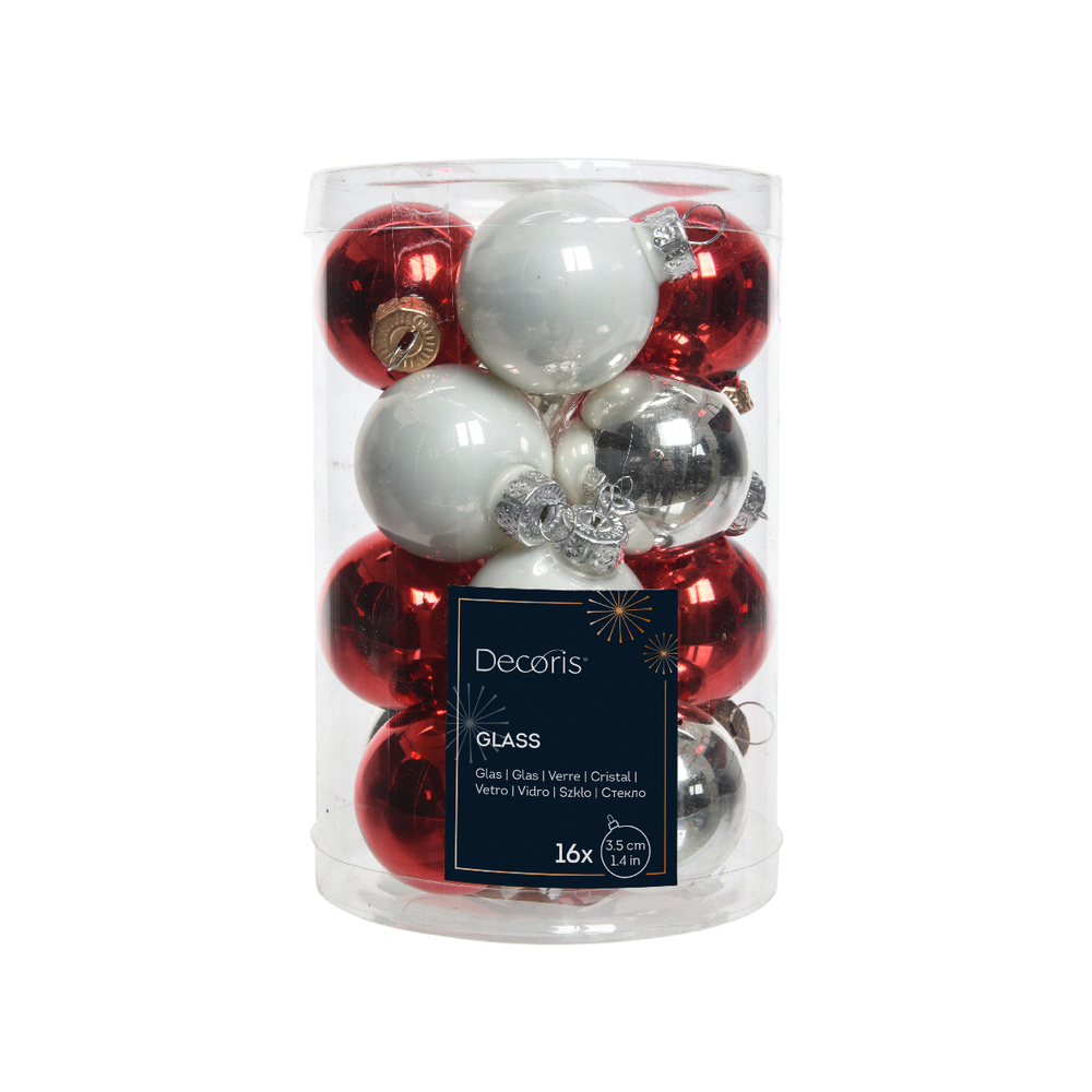 Assortiment 16 boules de Noël en verre, coloris rouge/blanc - D. 3,5cm