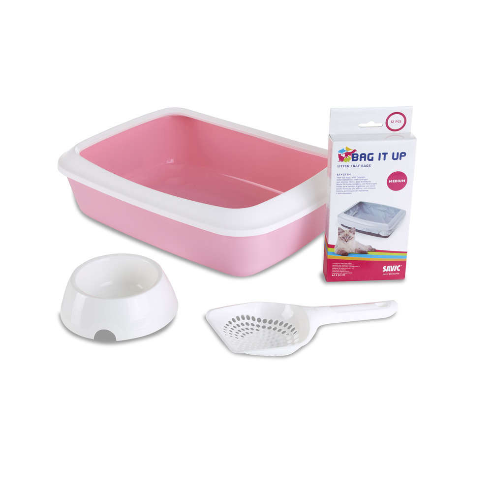 Kit Iriz rose doux pour chat : bac à litière,gamelle,pelle et litière