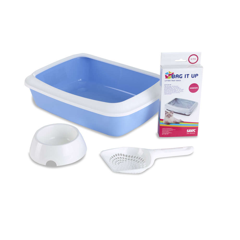 Kit Iriz bleu doux pour chat : bac à litière,gamelle,pelle et litière
