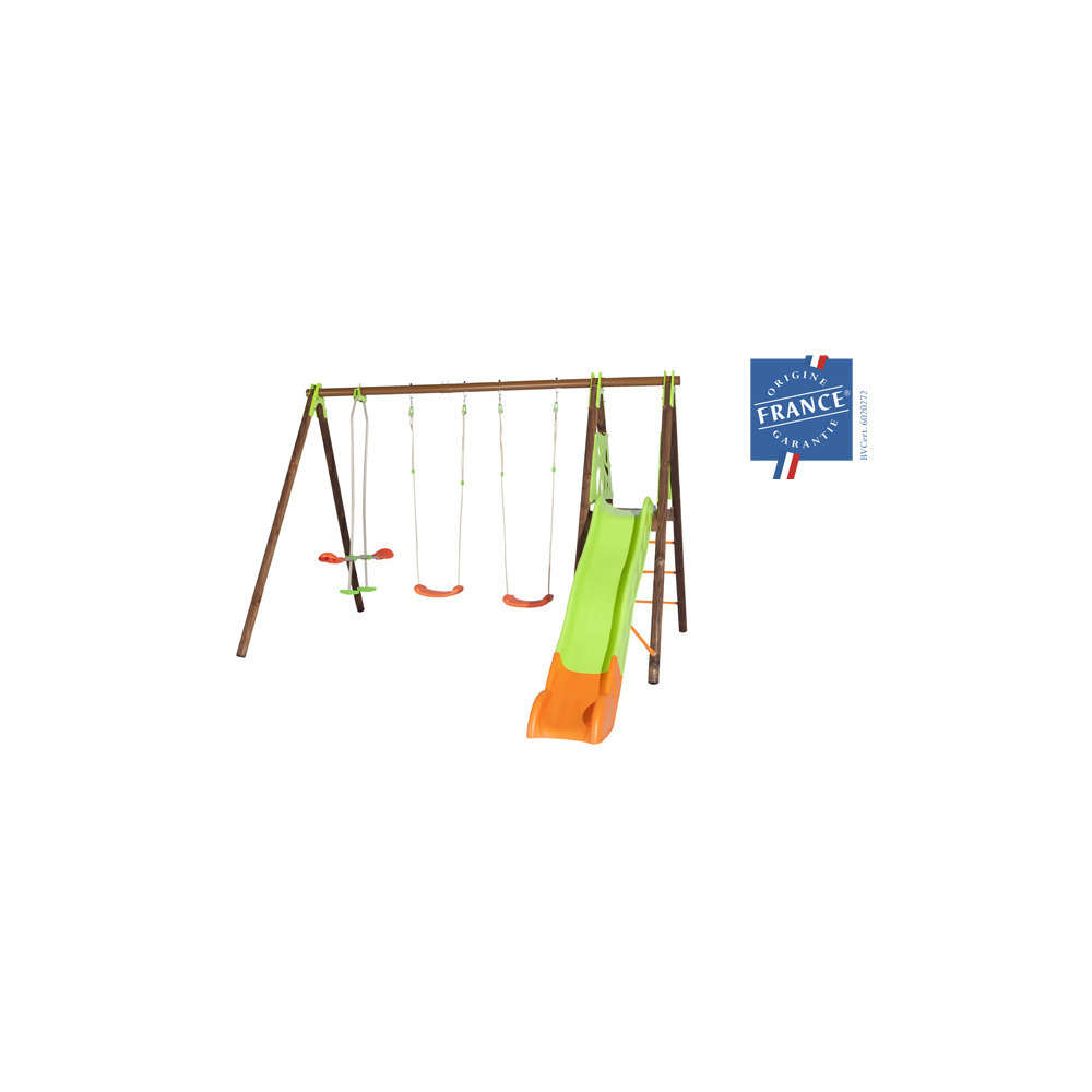 Portique bois/métal 2,30 m 3 agres + PF + Toboggan