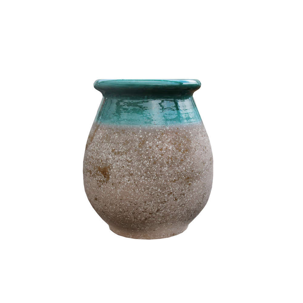 Jarre en terre cuite vieillie et collerette émaillée vernie verte 40cm