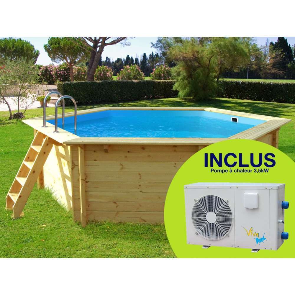 Piscine bois hawai - 4. 10 x 1. 18 m + mini pompe à chaleur 3. 5kw - métal - gris