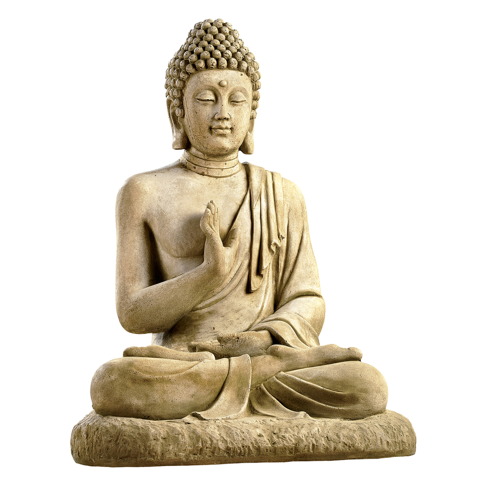 Statue bouddha assis en pierre reconstituée patinée - H. 78 cm