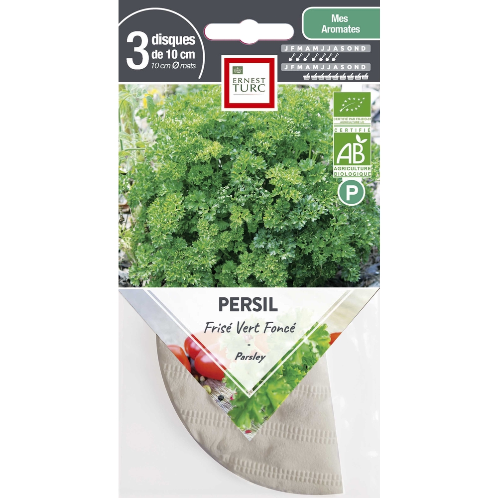 Graines de persil frisé vert foncé Bio en disque pré-semé en sachet