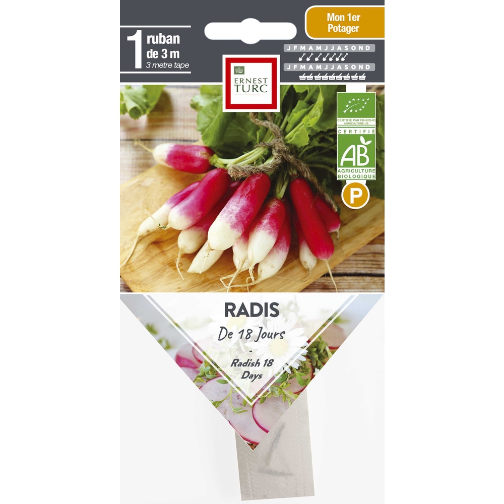 Graines de radis de 18 jours Bio en ruban pré-semé en sachet