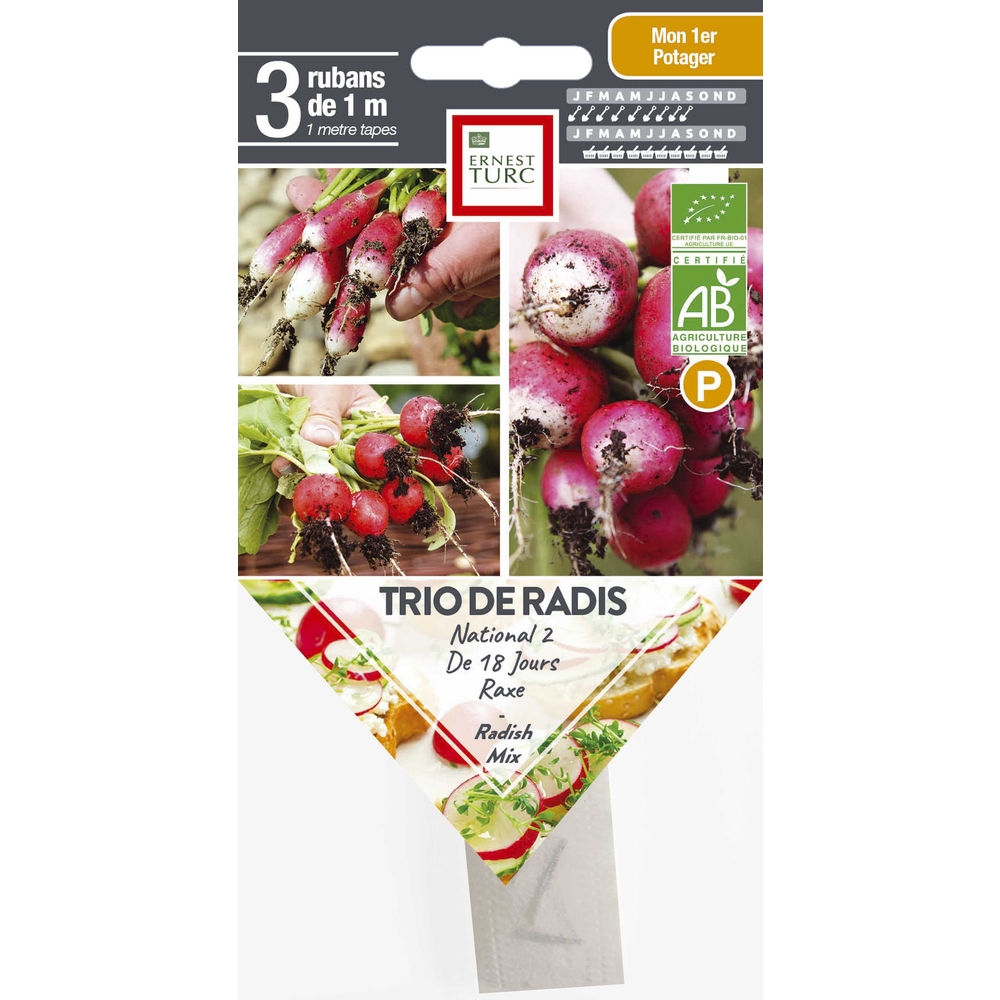 Trio de graines de radis Bio en ruban pré-semé en sachet