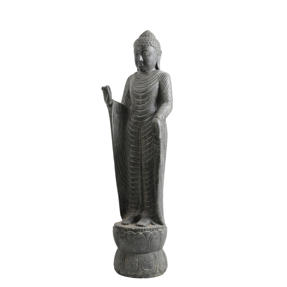 Statue bouddha Abaya debout en pierre reconstituée patinée - H. 152 cm