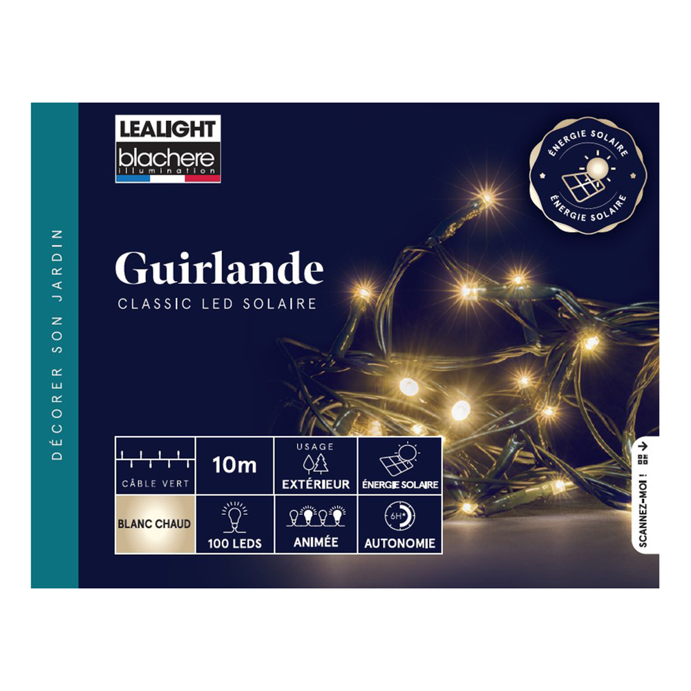 Guirlande solaire animée 100 led, blanc chaud - 10m