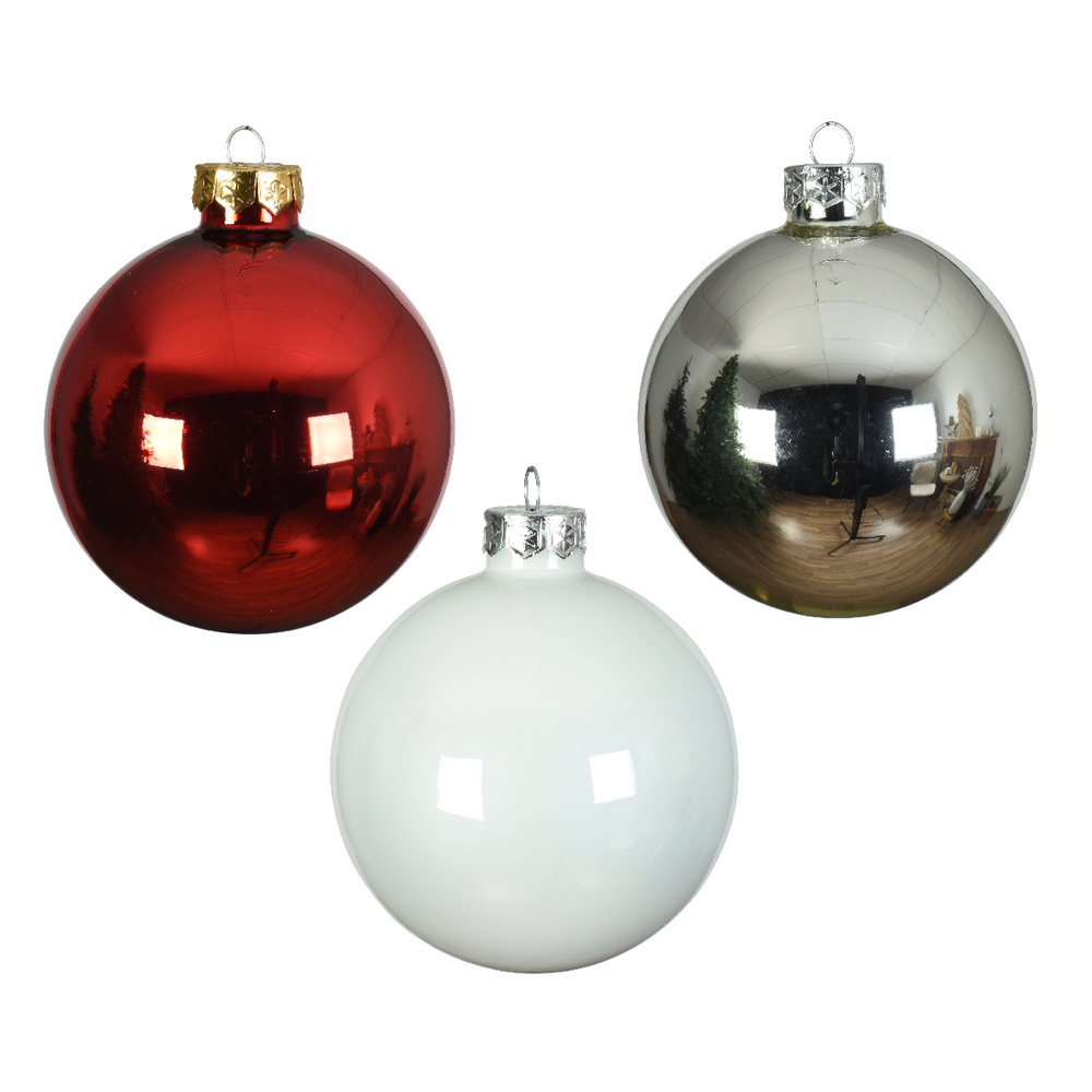 16 boules de Noël en verre, mix coloris rouge/argent/blanc - D. 8cm