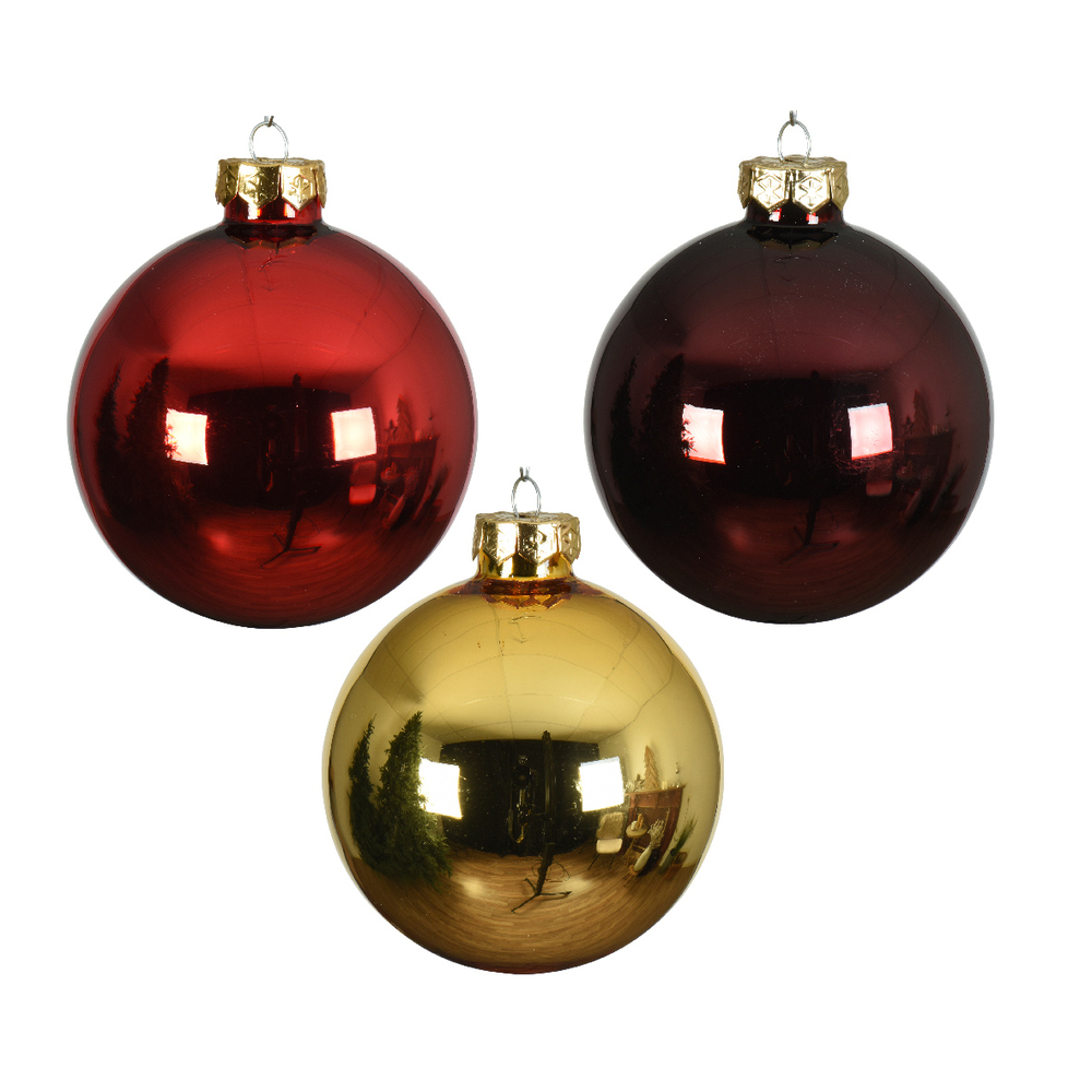 16 boules de Noël en verre, mix coloris bordeaux/or/rouge - D. 8cm