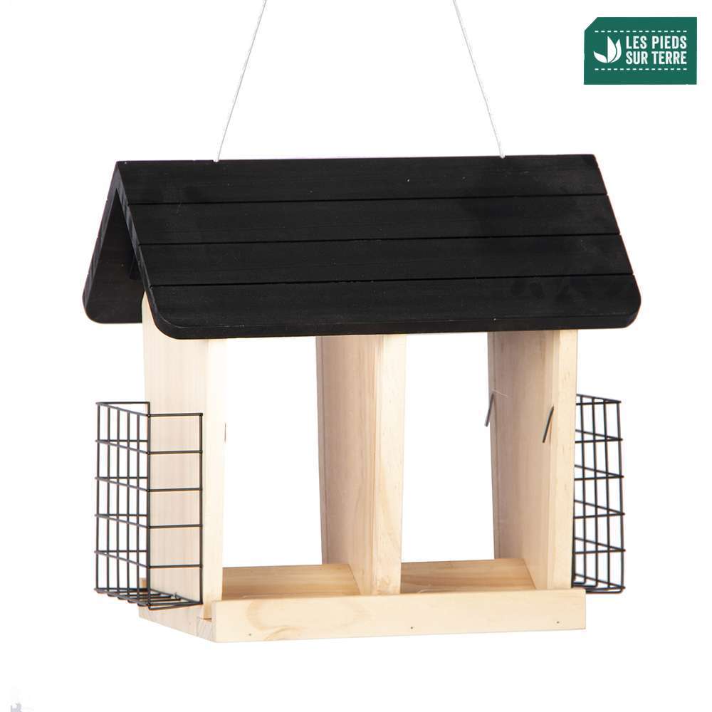 Mangeoire Pour Oiseaux En Pin Certifié FSC - Modèle Mistral Avec Barre De Repos - Dimensions 20x16x18 Cm
