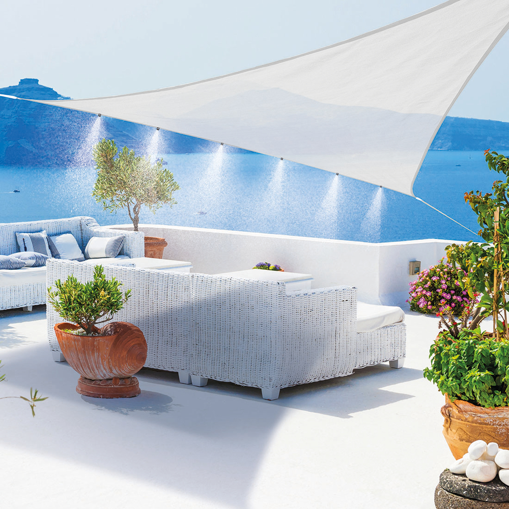 Voile d'ombrage triangulaire avec brumisateur blanc - 3,6x3,6x3,6 m