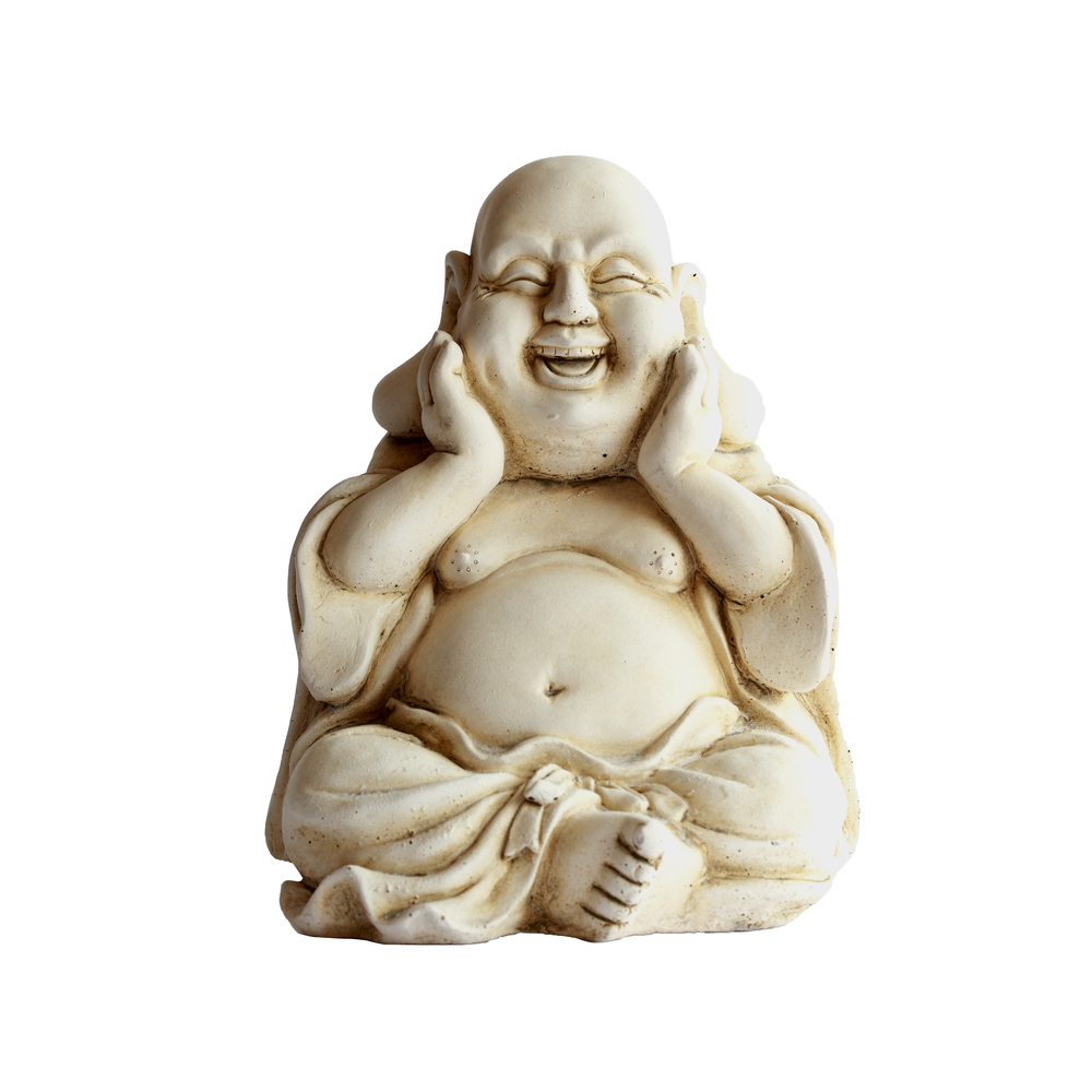 Statue bouddha joyeux en pierre reconstituée vieillie - H. 28 cm
