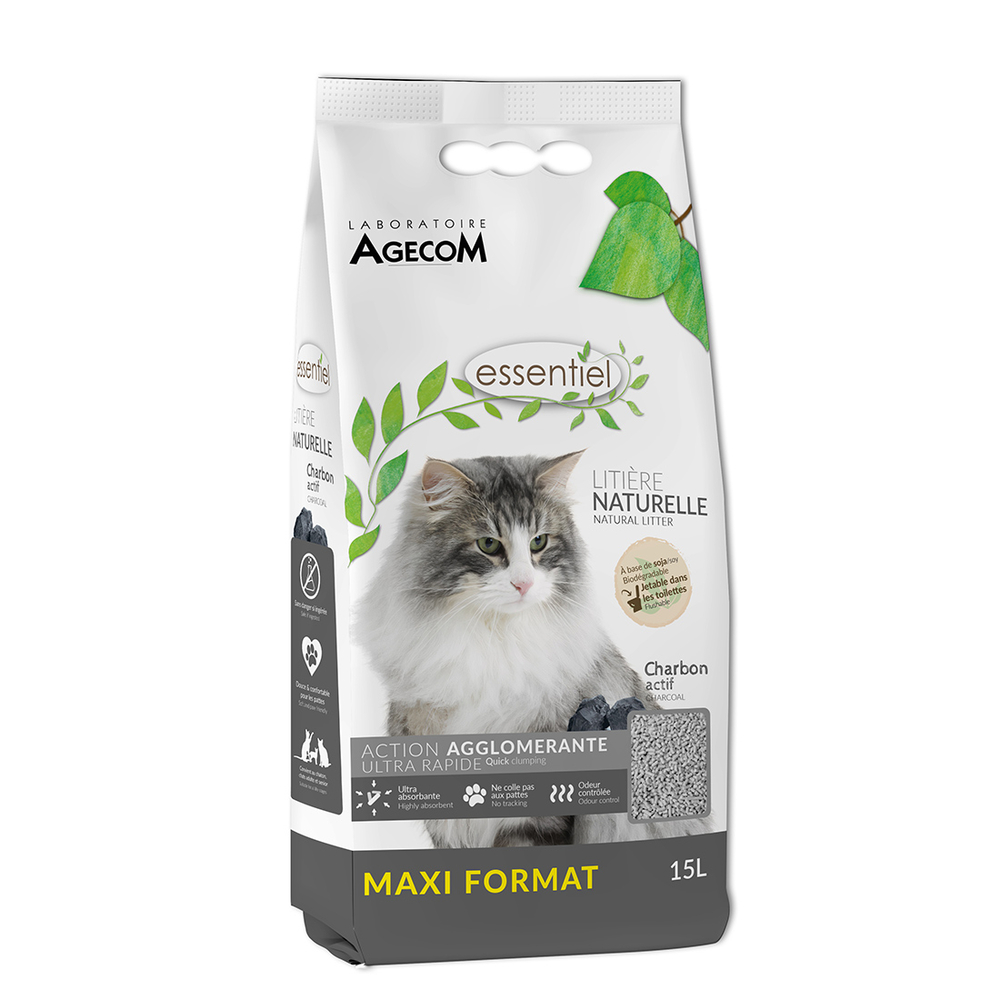 Litière Essentiel Naturelle Agglomérante Soja - Charbon Actif 15 L