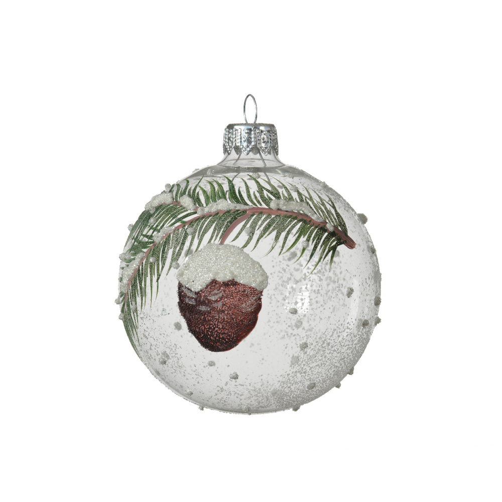 Boule de Noël en verre transparent, branche pomme de pin - D. 8cm