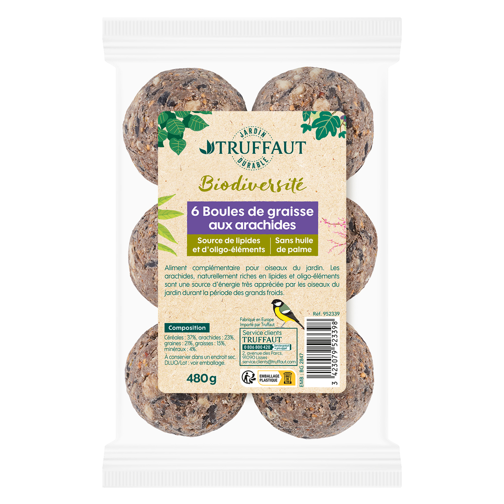 6 Boules de graisse aux arachides pour oiseaux du jardin