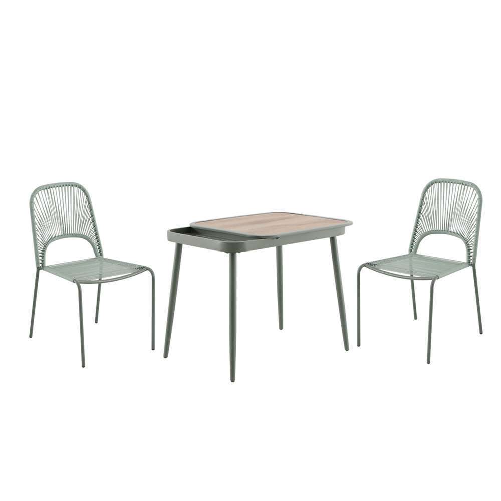 Ensemble mobilier de jardin vert amande - 1 table et 2 chaises