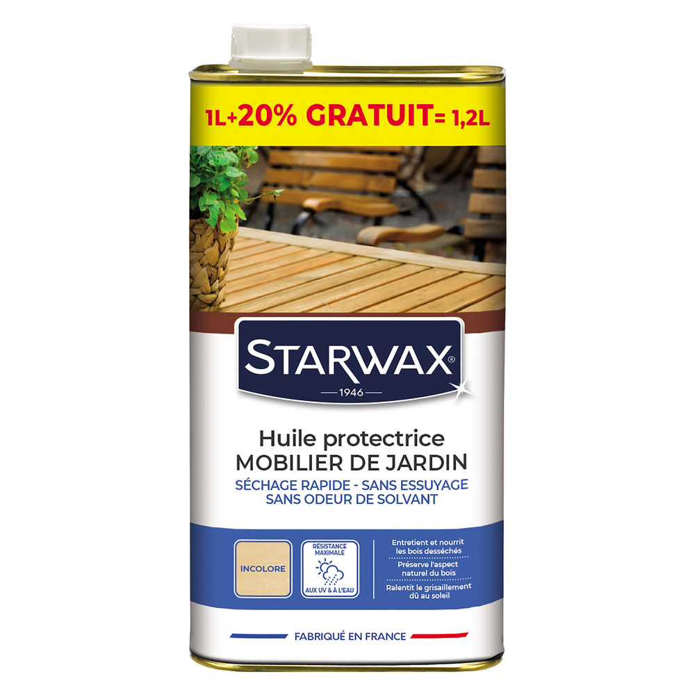 Huile protectrice incolore pour mobilier de jardin en bois 1L+20%